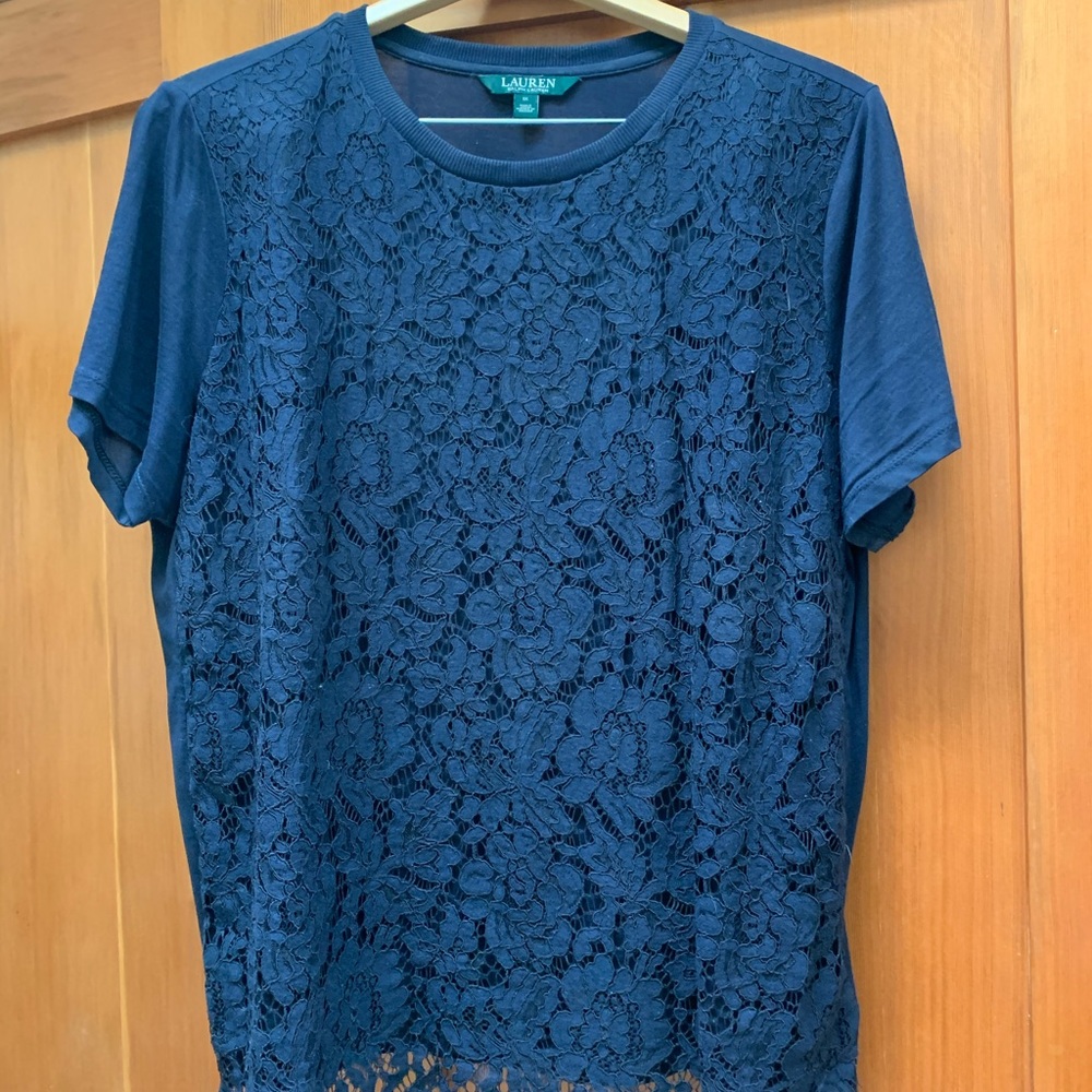 Lauren Ralph Lauren Navy Lace Front Top, 1X 💙